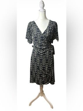 Max Studio Black Midi Wrap Dress with Cream Geometric Lines. Size Small.